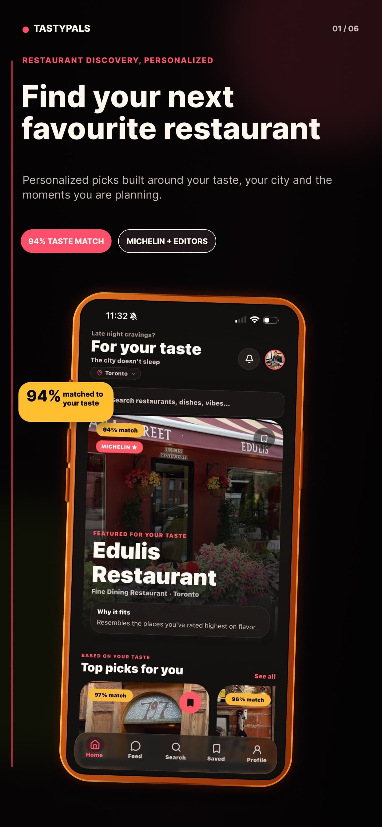 TastyPals app showing personalized nearby restaurant picks