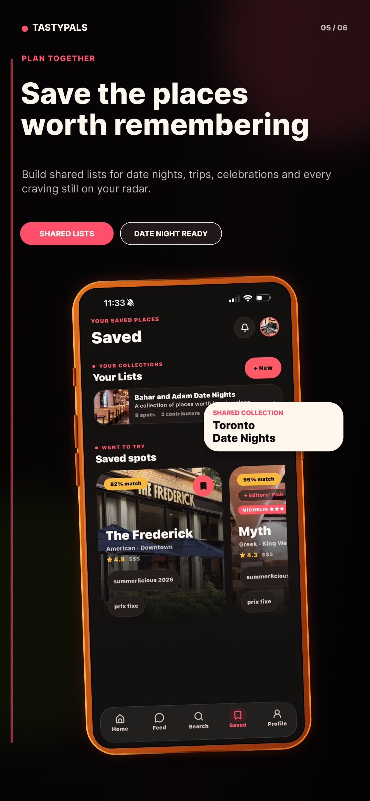TastyPals saved restaurants app screen